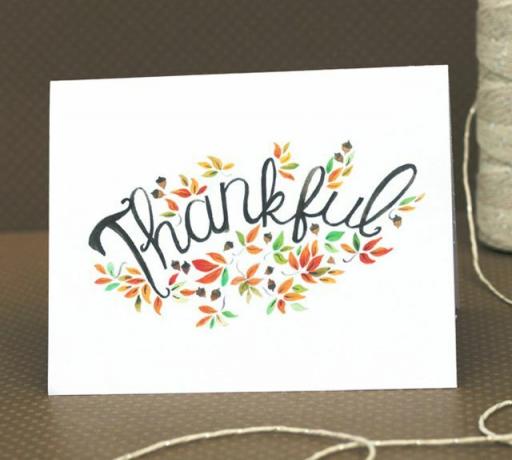 Et Thanksgiving-lykønskningskort, der siger " Taknemlig".