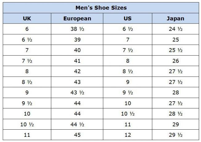 Таблица за преобразуване на размера на мъжки обувки