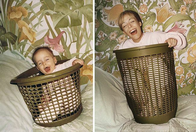 foto recriada da infância do cesto de roupa suja