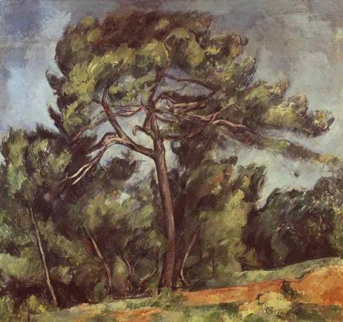 바늘과 잎의 덩어리를 보여주는 Paul Cezanne의 소나무 그림