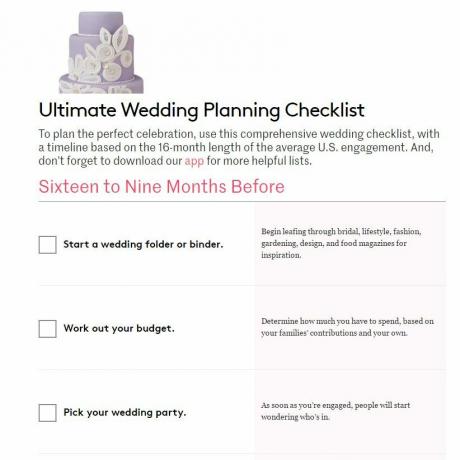 その上にケーキが付いている結婚式の計画のチェックリスト