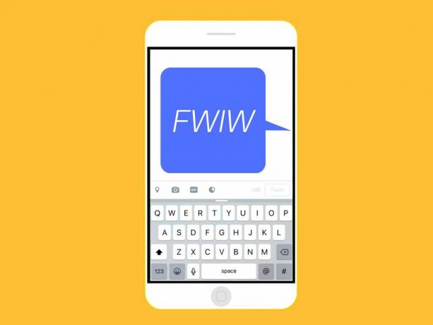 Een afbeelding van een tekstbericht met de tekst 'FWIW' op een smartphone.