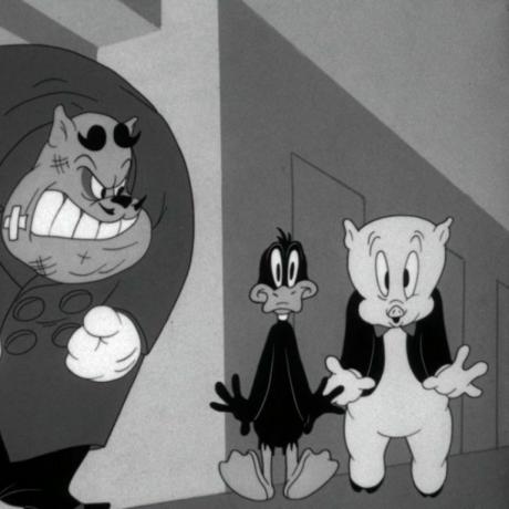 Ekrānuzņēmums no PD multfilmas Porky Pig's Feat (1943), OswaldLR (BD) [publisks domēns], izmantojot Wikimedia Commons
