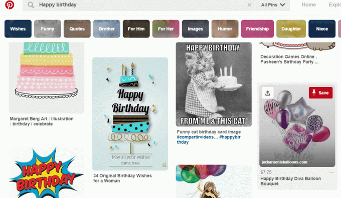 Snimka zaslona pretraživanja na Pinterestu za sretan rođendan