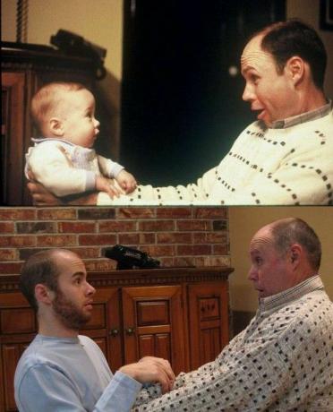 foto recriada de pai e bebê