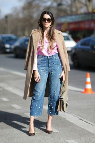 street style cropped jeans med perler