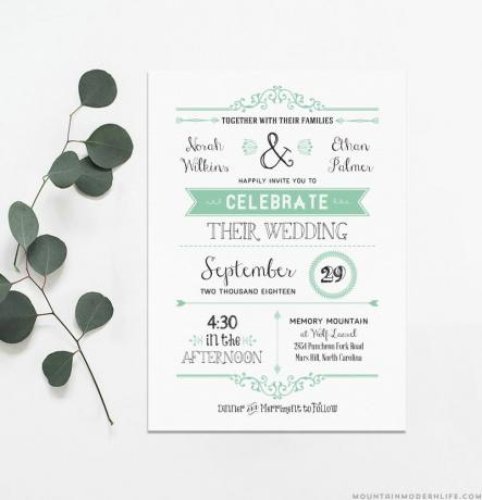 Una plantilla de invitación de boda verde y blanca.