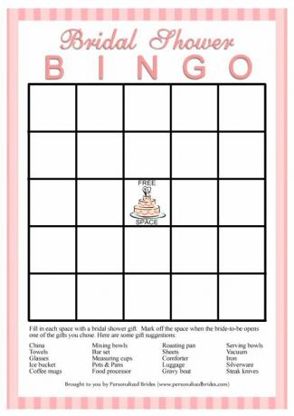 Una tarjeta de bingo de despedida de soltera rosa y blanca.