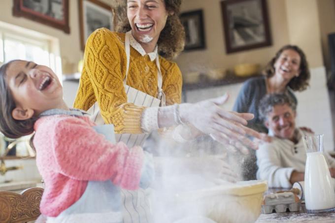 Matka i córka bawią się mąką w kuchni, przykład przyjazności rodzinie.