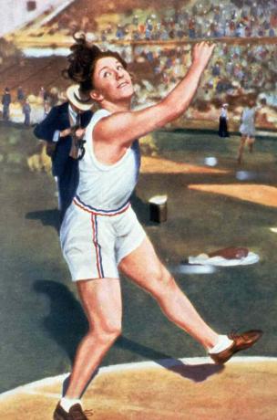 Una rappresentazione di Lillian Copeland in gara alle Olimpiadi del 1932.