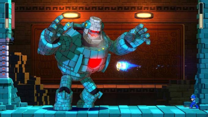A Mega Man megtámadja a Block Mant a Mega Man 11-ben
