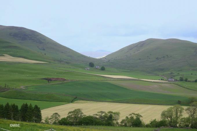 Lage velden en twee grote heuvels tegen een blauwe lucht in Schotland.