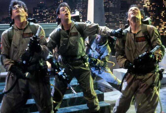 Harold Ramis, Dan Aykroyd y Bill Murray en una escena de Ghostbusters (1984)