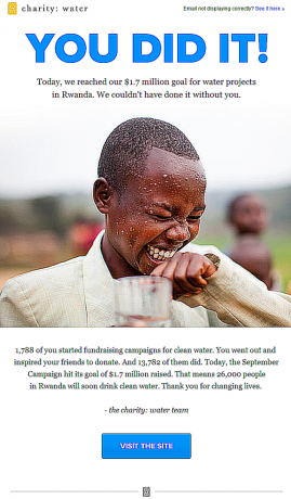 Caridade: a água se destaca em agradecer aos doadores por meio de e-mails eficazes, como este.