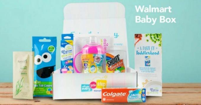 Una caja para bebés de Walmart llena de muestras gratis
