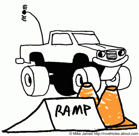 Ilustracija RC automobila i rampe za kaskadersko takmičenje