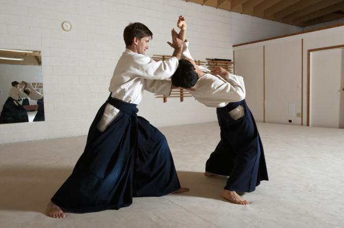 Mężczyźni ćwiczący sztuki walki aikido