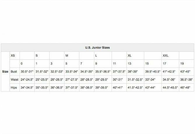 Tabela rozmiarów odzieży juniorów w USA