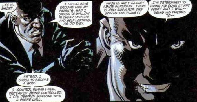 Lex Luthor: The Unauthorized Biography(1989)의 패널은 깊은 그림자 속에서 루터를 묘사합니다.