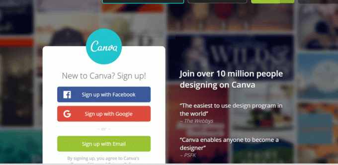 Екранна снимка на формуляра за регистрация на Canva.