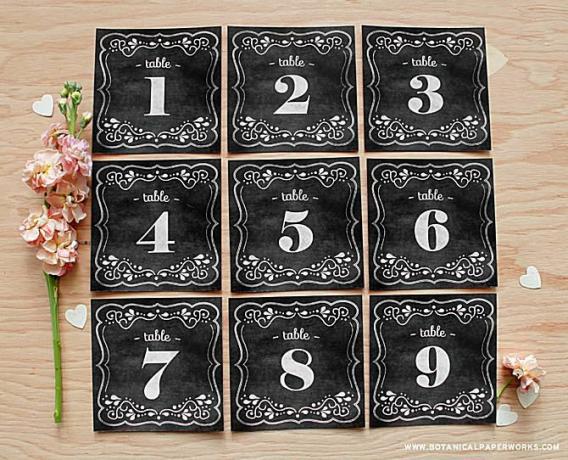 Um conjunto de 1-9 números de mesa de casamento de quadro-negro em uma mesa.