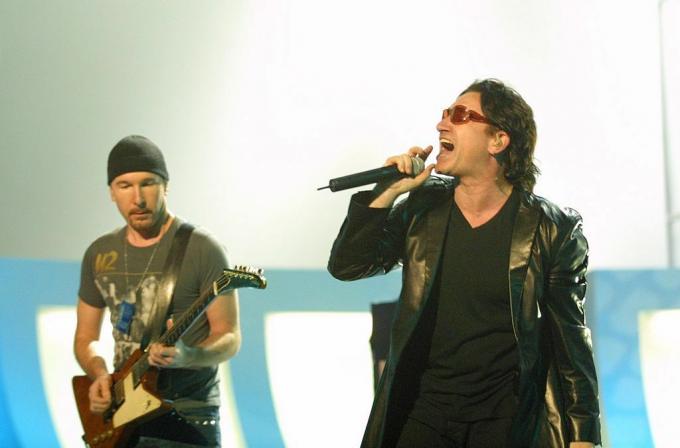 U2's Edge (L) og Bono (R) (Foto af KMazur/WireImage)