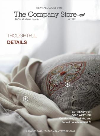Das Cover des The Company Store-Katalogs für Herbst 2019 mit Boho-Bettwäsche