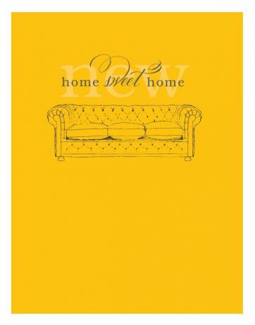 Una tarjeta amarilla de cambio de dirección con un sofá.