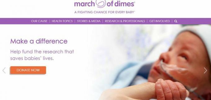 Sitio web de March of Dimes que muestra a un bebé prematuro agarrando el dedo de un adulto.