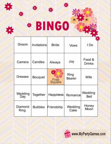Vestuvių dušo bingo kortelė rožinės, persikinės ir geltonos spalvos