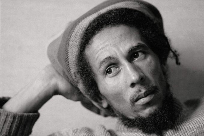 Bob Marley, şarkıcı Şarkıcı Jamaika şapkasıyla oturdu