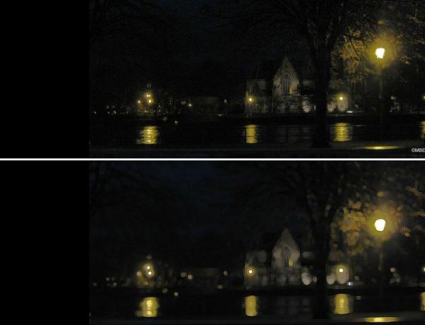 Sebuah sungai di malam hari dengan lampu-lampu yang memantul di air dan seorang seniman menampilkan pemandangan yang sama.