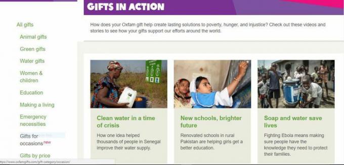 Zrzut ekranu z katalogu prezentów Oxfam