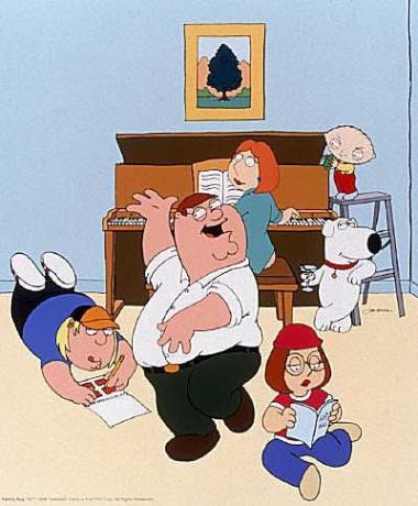 Chris, Peter, Lois, Meg, Brian in Stewie za klavirjem v " Family Guy."