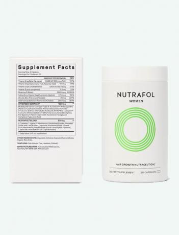 Eticheta și borcanul suplimentelor Nutrafol.