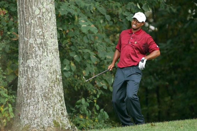 Tiger Woods hace una mueca de dolor, agarrándose la espalda, después de golpear desde los árboles durante la Copa Presidentes 2005