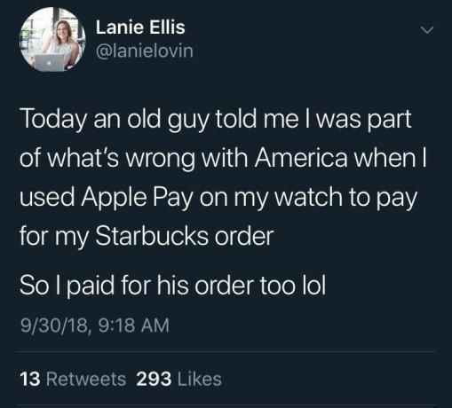adam kadına Apple ödemesini kullandığı için dünyada neyin yanlış olduğunu söyler, böylece kahvesini de öder