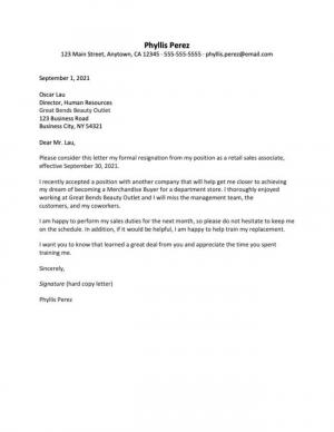 Exemplu de scrisoare de demisie a postului de vânzare cu amănuntul