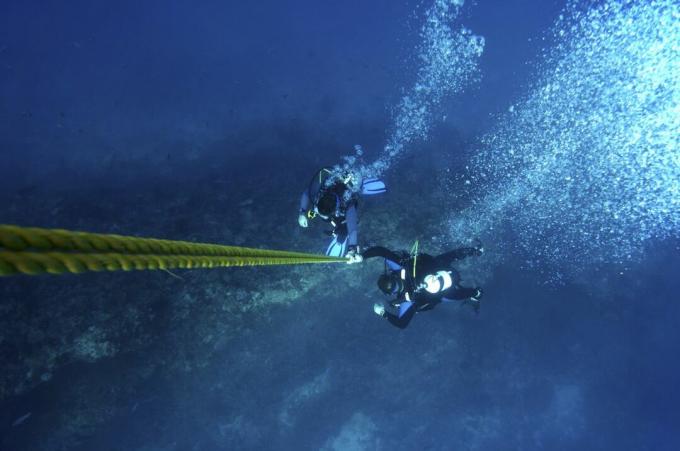 Se ett foto av dykare som stiger upp under en kontrollerad nödsimuppstigning