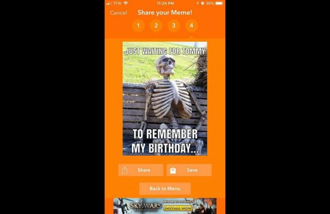 Korištenje aplikacije Mematic na iPhoneu za stvaranje mema s likom Čekajući kostur