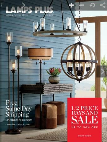 Das Cover des Herbst-Katalogs 2019 Lamps Plus mit Beleuchtung im Wohnzimmer
