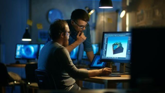 Dos hombres mirando un gráfico de computadora
