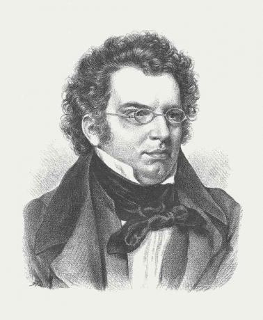 Franz Schubert (1797-1828), itävaltalainen säveltäjä, puukaiverrus
