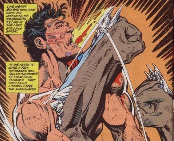 Komiksu panelis, kurā redzams, kā Pastardiena sita Supermenu