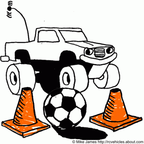 رسم توضيحي لسيارة RC وكرة القدم والأقماع